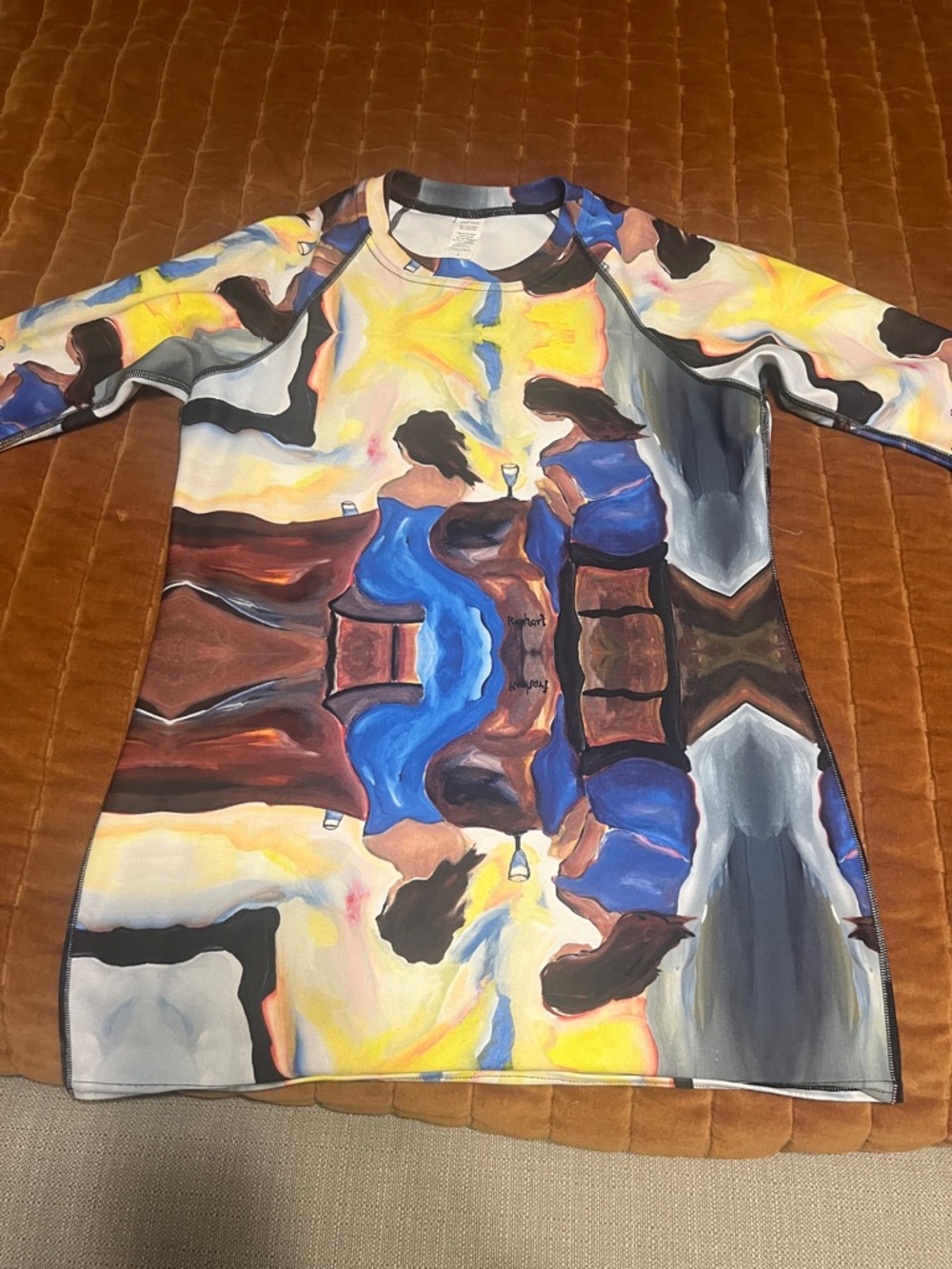 Abstract Rayhart Painterly Tunic shirt in Blue, Brown, Yellow.